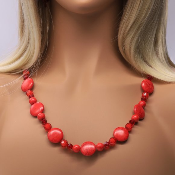 3 Piece Set Necklace Bracelet Earrings Red Howlite Crystals Red Glass Beads - Picture 3 of 10